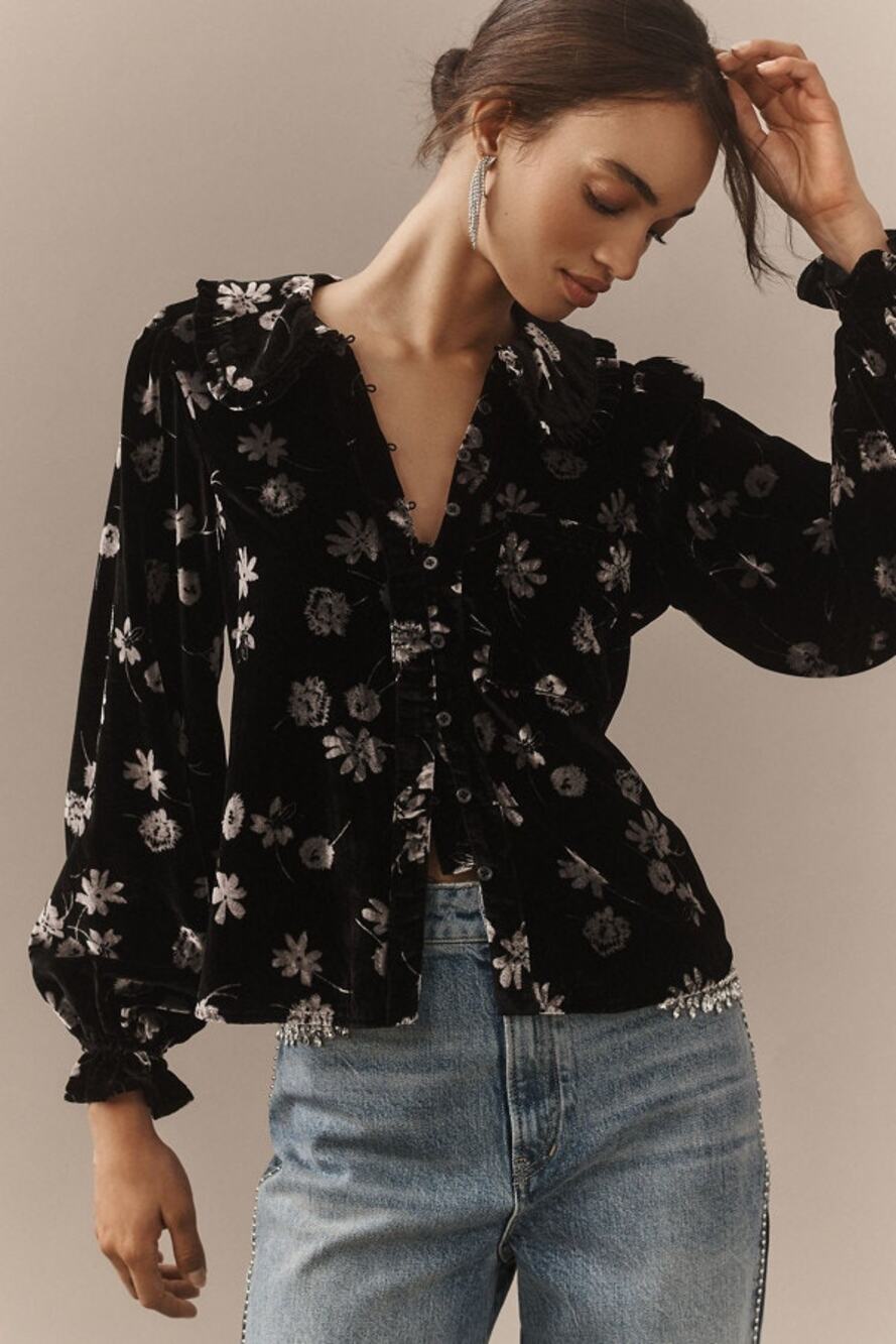 Pilcro Anthropologie Keira Collared Velvet Blouse NWT